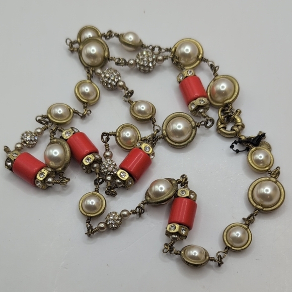 J. Crew Gold and Red Necklace with Beads and Chain - Picture 5 of 6